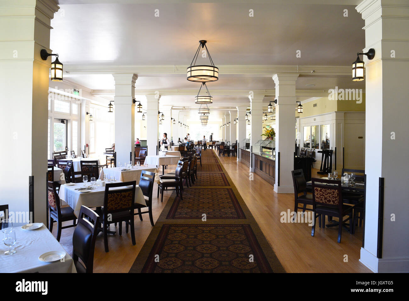 YELLOWSTONE NATIONAL PARK, WYOMING - JUNE 25, 21017: The Lake Hotel Dining Room. The oldest and finest accommodation in the park is celebrating its 12 Stock Photo