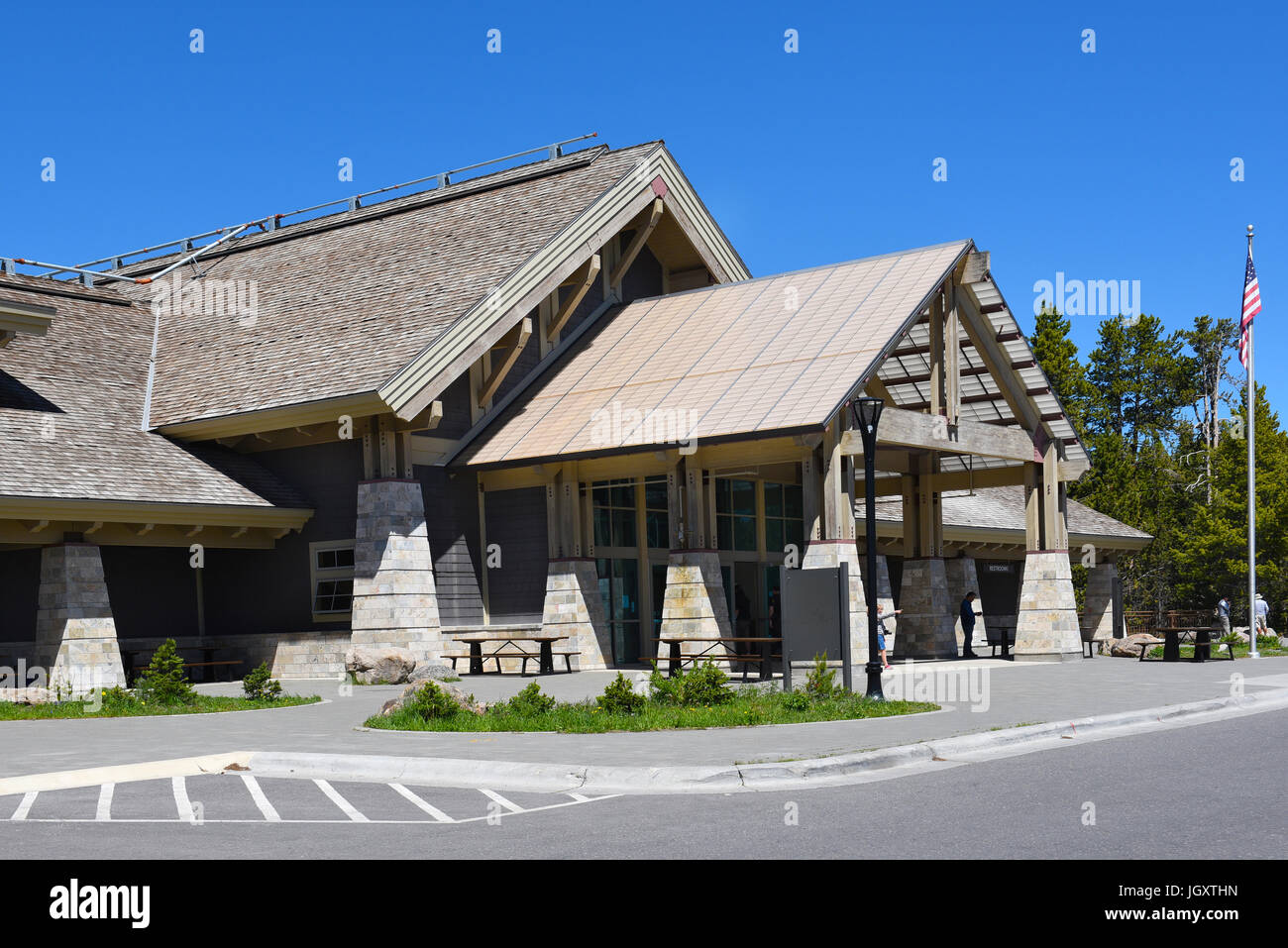 YELLOWSTONE NATIONAL PARK, WYOMING - JUNE 25, 21017: Grant Village Registration Building. Located on the southwestern shore of Yellowstone Lake, and n Stock Photo