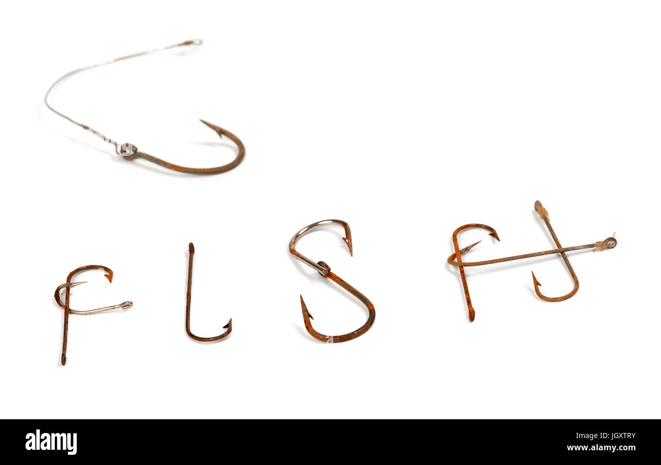Word F I S H composed of old rusty fish hook. Isolated on white background  with copy space. Selective focus Stock Photo - Alamy