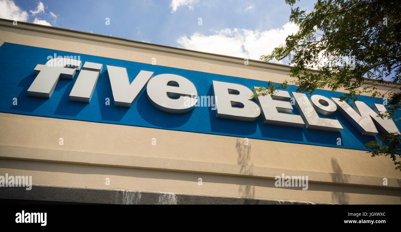 A Five Below discount store in Queens in New York on Sunday, July 9, 2017. UBS has downgraded Five Below from Buy to Neutral citing the imminent fading fidget spinner trend and the overall decline in retail traffic. (© Richard B. Levine) Stock Photo