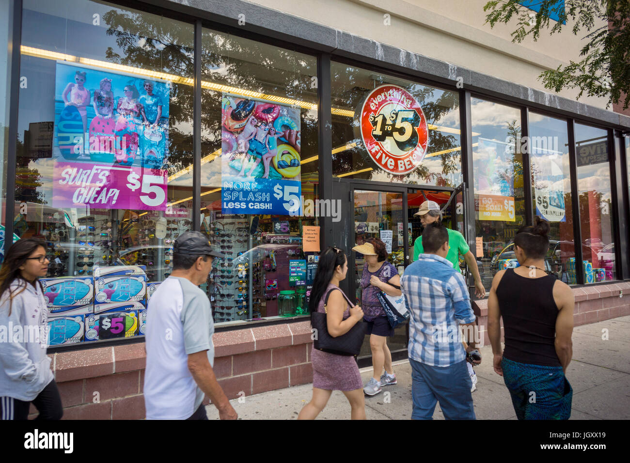 A Five Below discount store in Queens in New York on Sunday, July 9, 2017. UBS has downgraded Five Below from Buy to Neutral citing the imminent fading fidget spinner trend and the overall decline in retail traffic. (© Richard B. Levine) Stock Photo