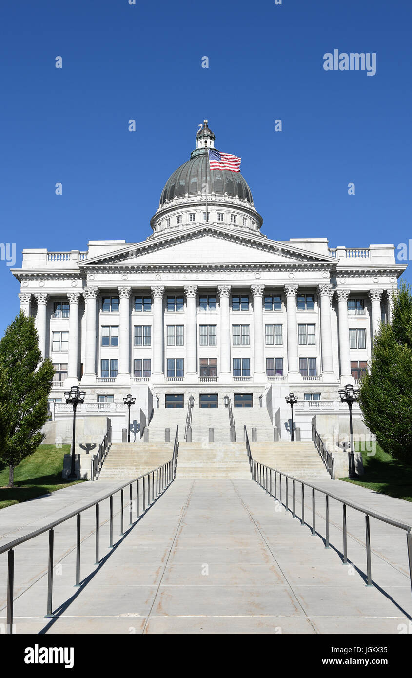 SALT LAKE CITY, UTAH - JUNE 28, 2017: Utah State Capitol building west side. In 1888, the city donated the land, called Arsenal Hill, to the Utah Terr Stock Photo