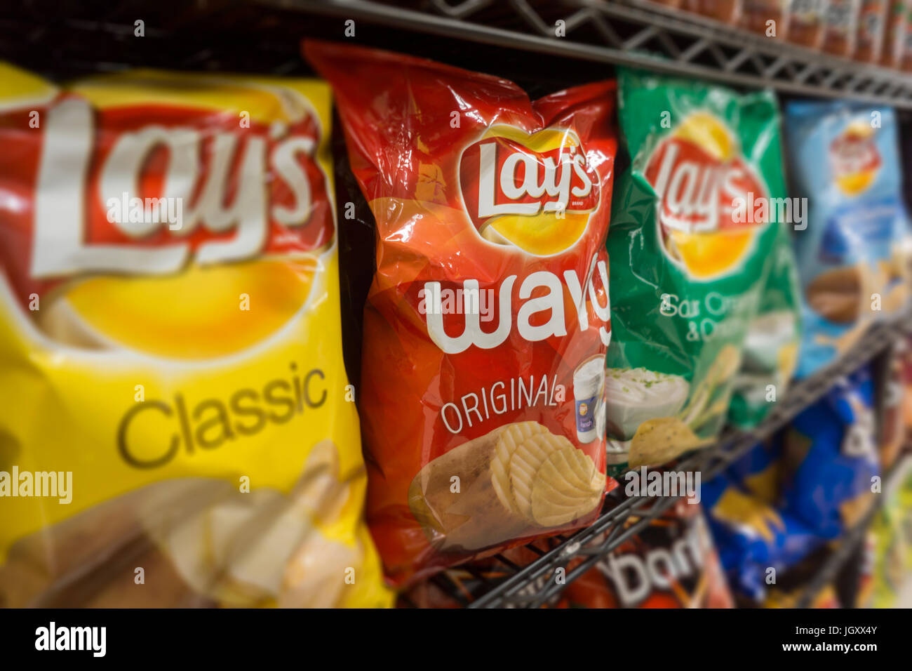 A display of PepsiCo Frito-Lay  chip snacks in a supermarket in New York on Monday, July 10, 2017. PepsiCo is expected to release its second-quarter earnings prior to the opening bell on Tuesday. (© Richard B. Levine) Stock Photo