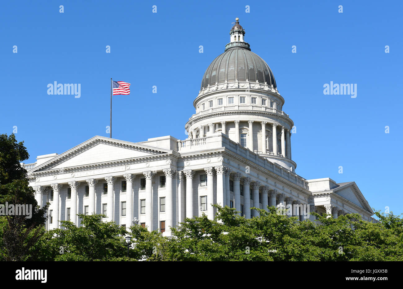 SALT LAKE CITY, UTAH - JUNE 28, 2017: State Capitol building southwest corner. In 1888, the city donated the land, called Arsenal Hill, to the Utah Te Stock Photo