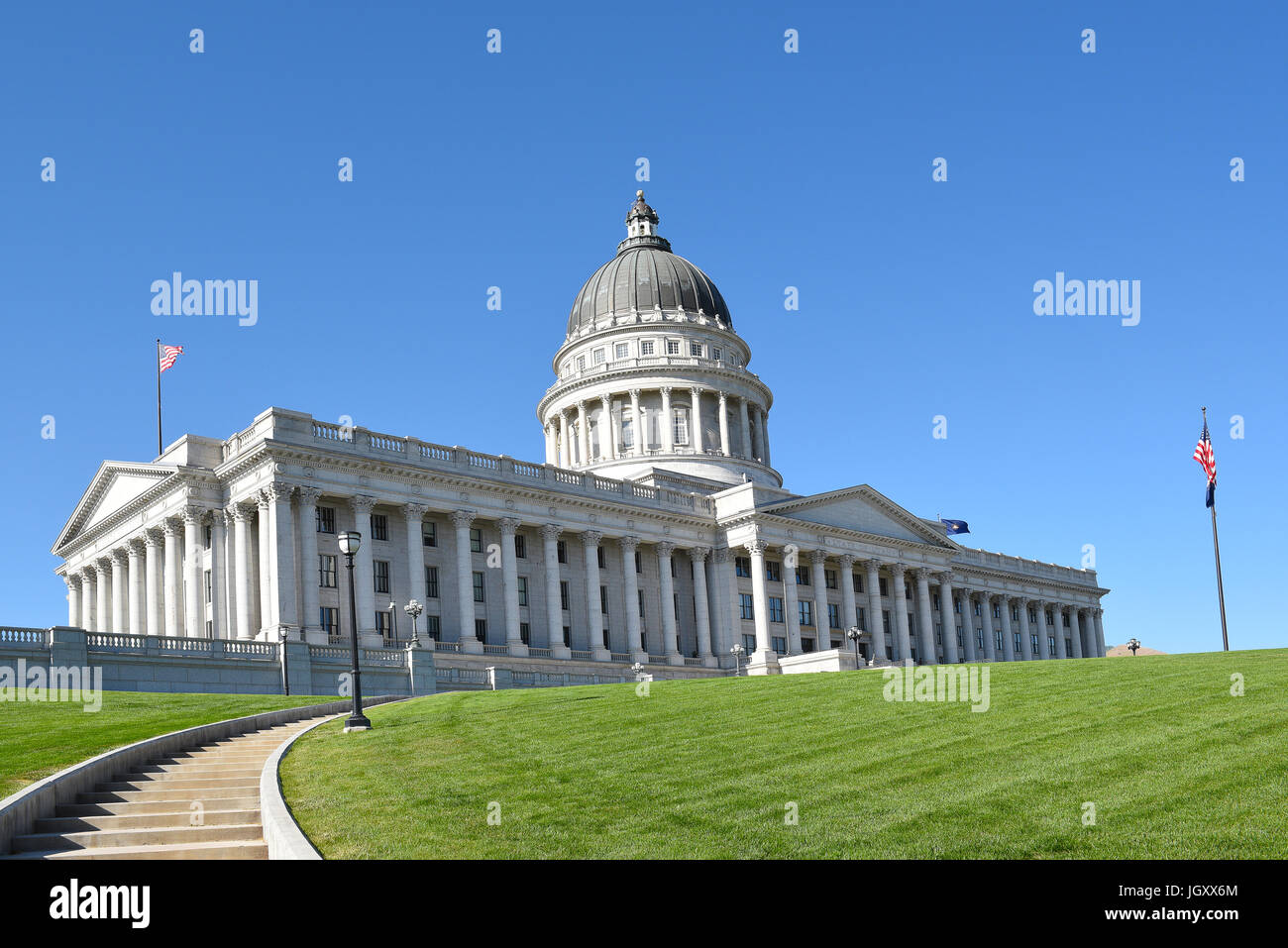 SALT LAKE CITY, UTAH - JUNE 28, 2017: State Capitol building southwest corner. In 1888, the city donated the land, called Arsenal Hill, to the Utah Te Stock Photo