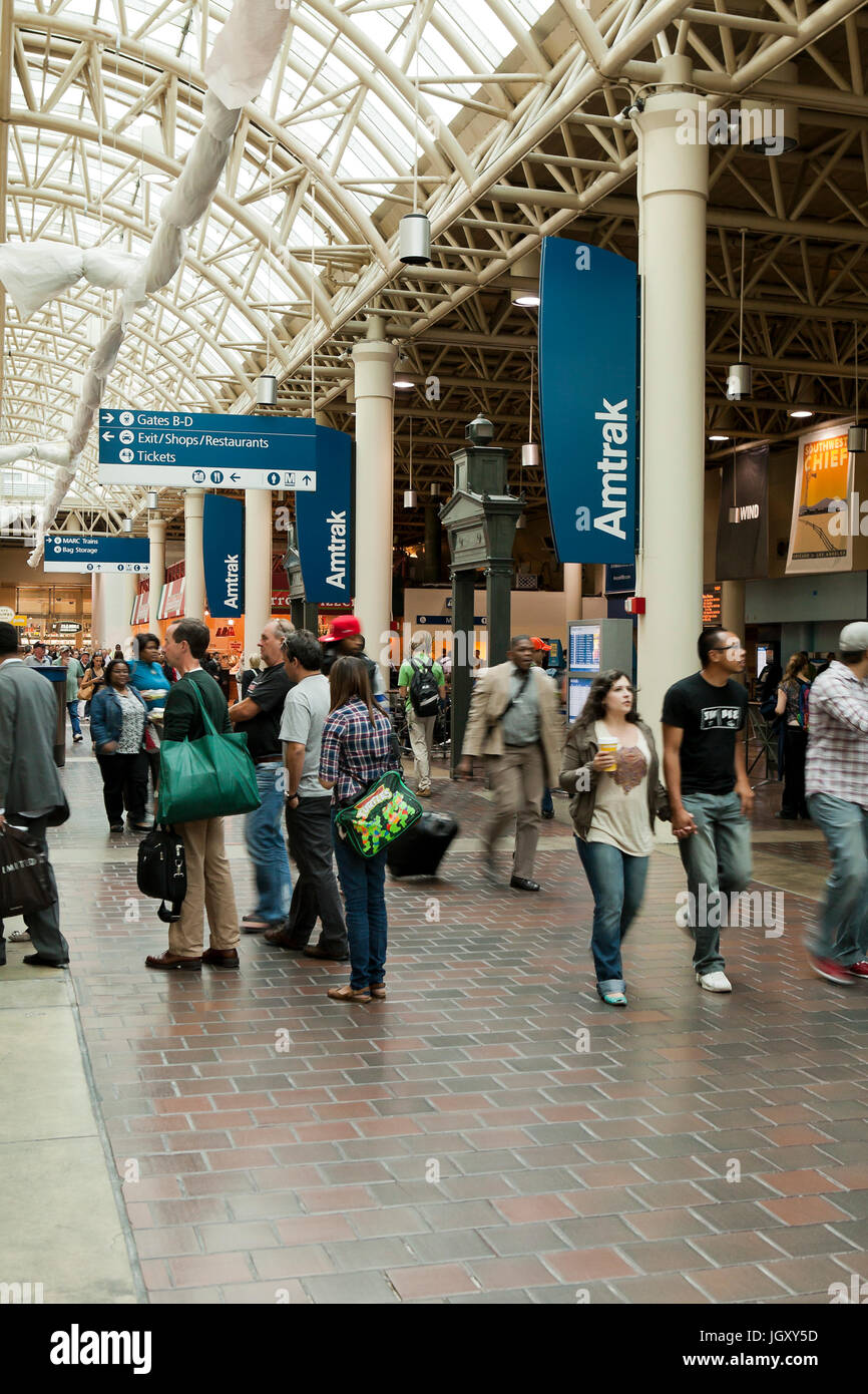 Travelers walking through Amtrak station at Union Station - Washington, DC USA Stock Photo