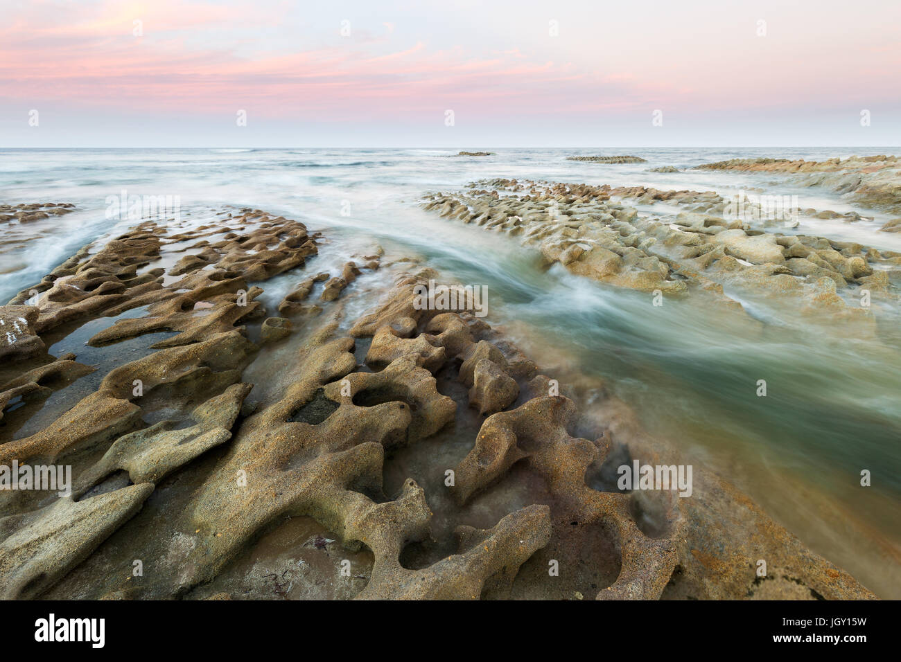 A beautiful coastal long exposure of a pink sunset over a textured limestone reef on the east coast of Australia. Stock Photo