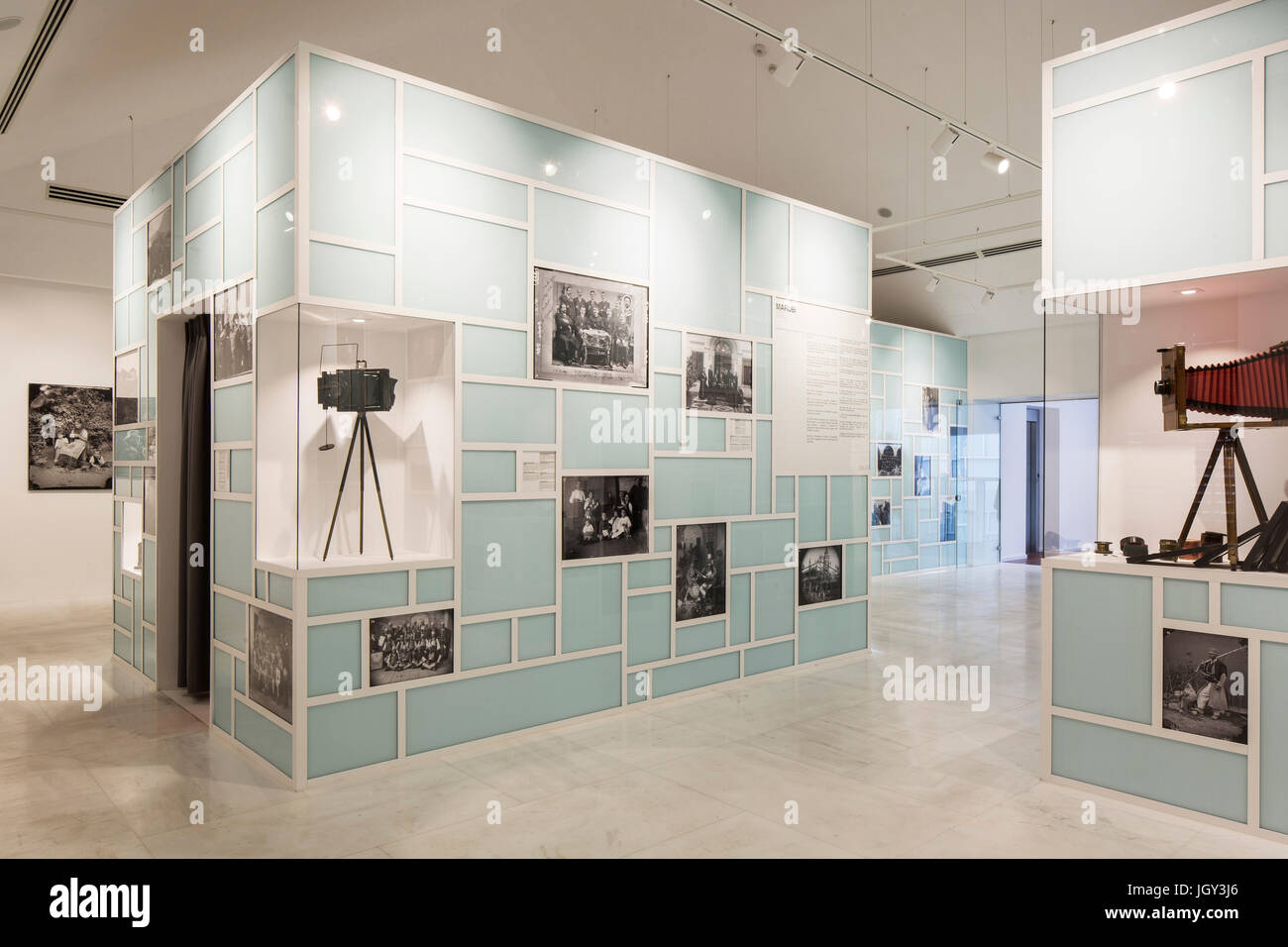 Exhibition space with display of photographs and vintage