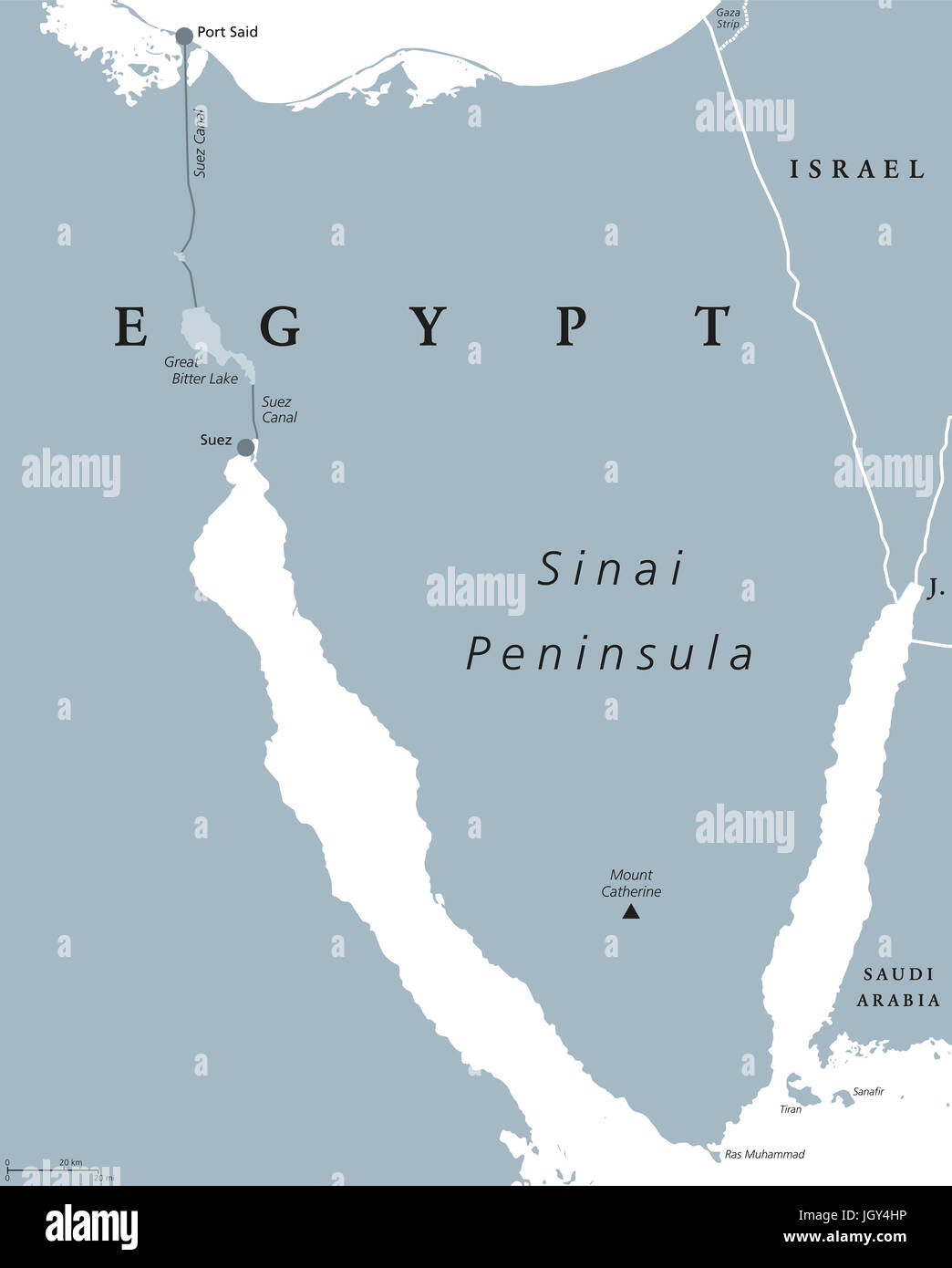 Sinai Peninsula political map. Land bridge in Egypt situated between Mediterranean Sea and Red Sea. With Suez Canal. Gray illustration. Stock Photo