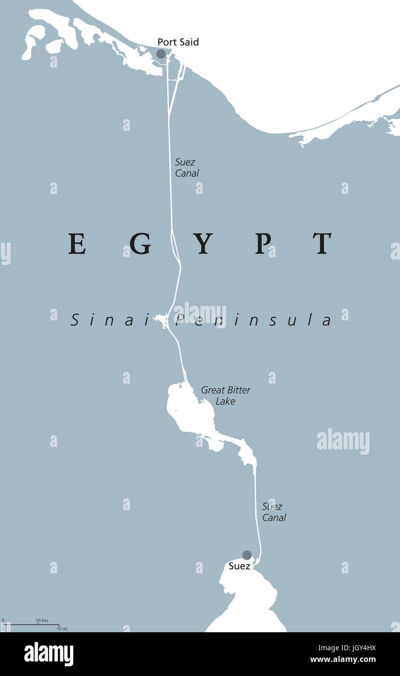 Suez Canal political map. Artificial sea-level waterway on Sinai Peninsula in Egypt, connecting Mediterranean Sea and Red Sea. Gray illustration. Stock Photo