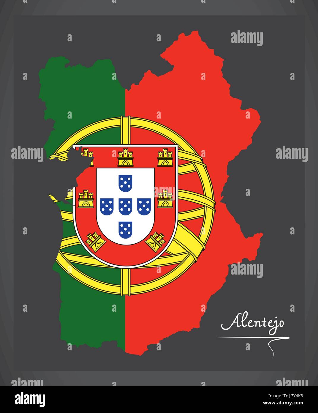 Alentejo Portugal map with Portuguese national flag illustration Stock Vector