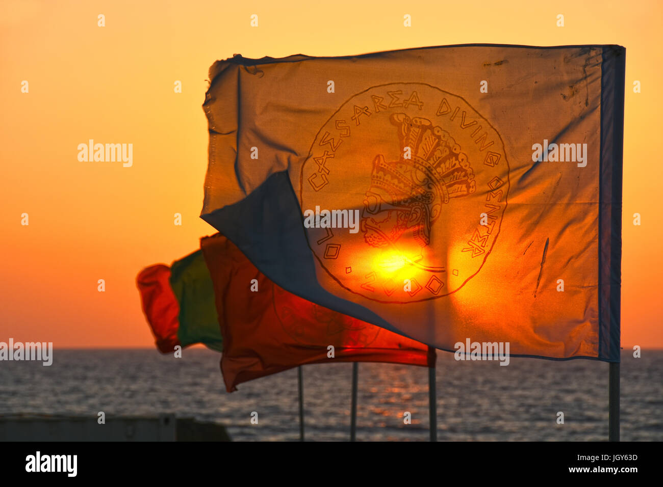 Ceasaria archaeological site flags, Israel Stock Photo