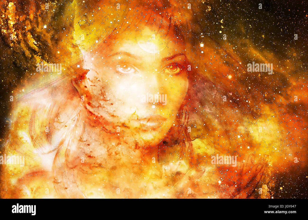 Goddess Woman in Cosmic space. Cosmic Space background. eye contact ...