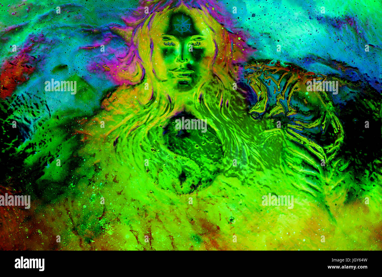 goddess woman and tiger and symbol Yin Yang in cosmic space. Glass ...