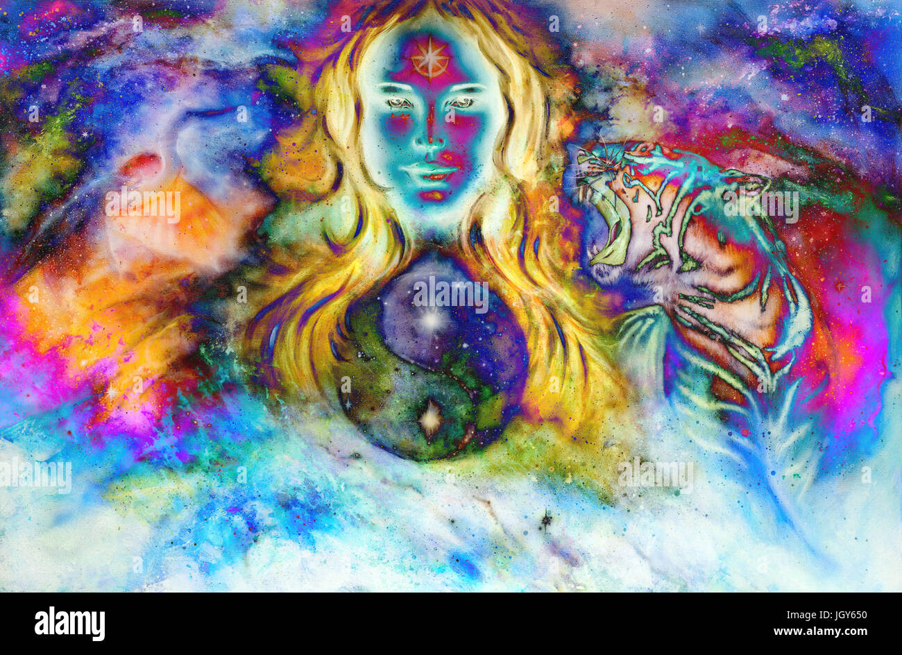 goddess woman and animals and symbol Yin Yang in cosmic space Stock ...