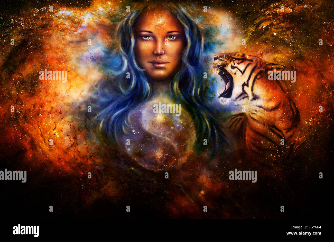 goddess woman and tiger and symbol Yin Yang in cosmic space Stock Photo ...