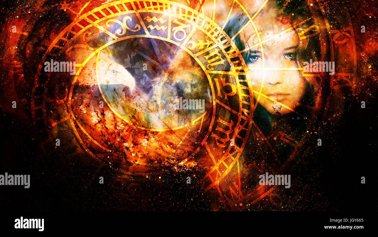 Goddess Woman and eagle and zodiac in Cosmic space Stock Photo - Alamy
