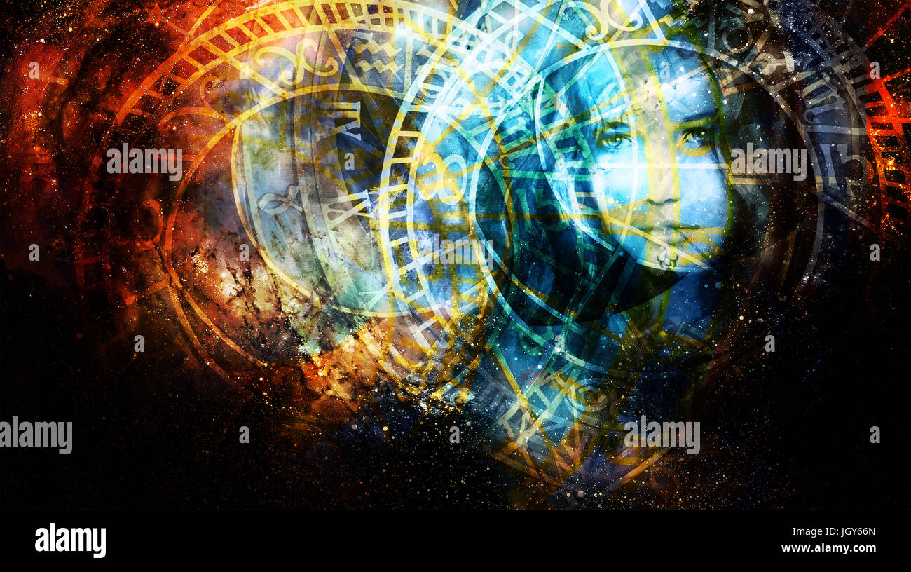 Goddess Woman in Cosmic space and zodiac Stock Photo - Alamy