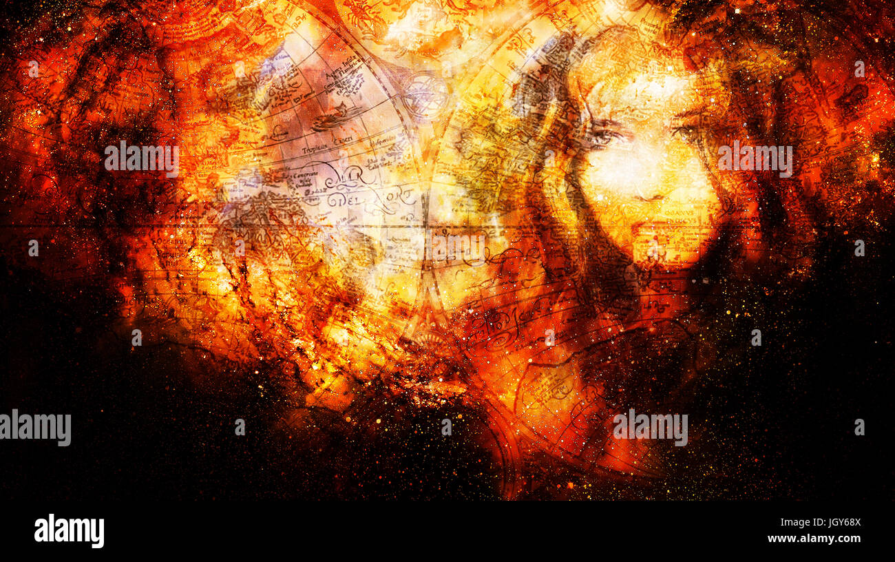 Goddess Woman and old map in Cosmic space. Cosmic Space background. eye ...