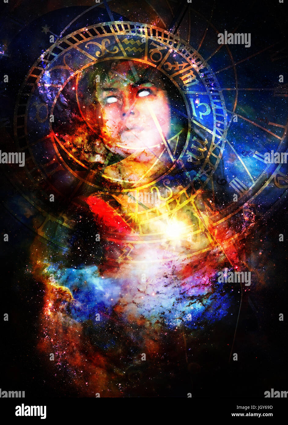 Goddess Woman in Cosmic space and zodiac Stock Photo - Alamy