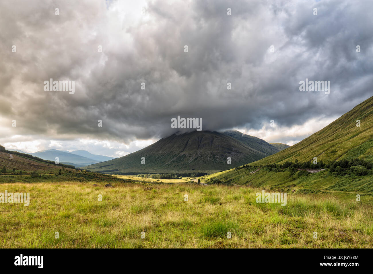 A valley in Scotland including Beinn Dorain and Beinn Odhar Mountains. Stock Photo