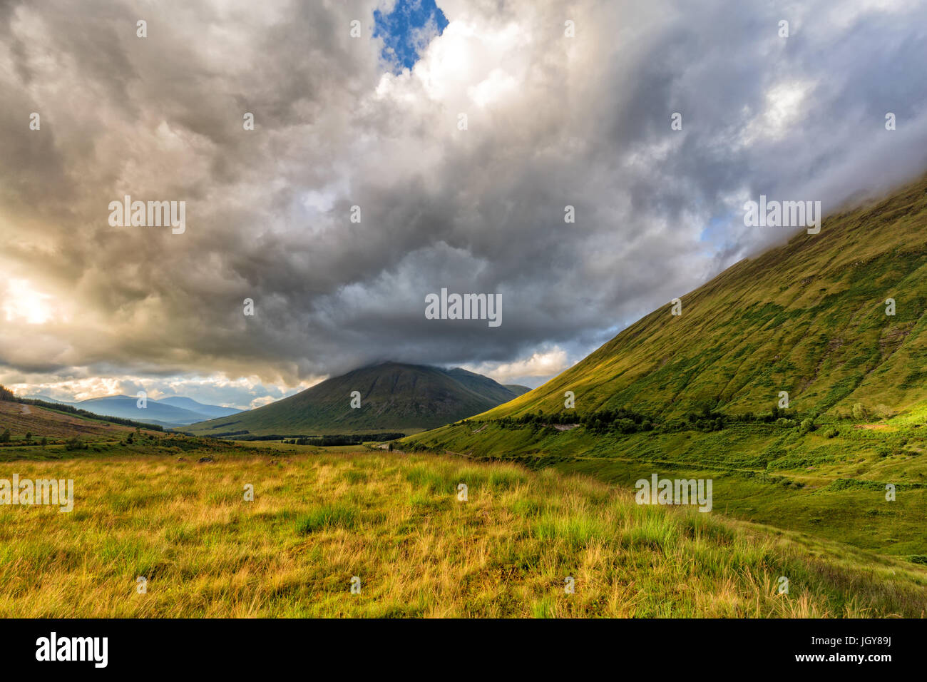 Verdent grass in a valley with Beinn Dorain and Beinn Odhar mountains in the background. Stock Photo
