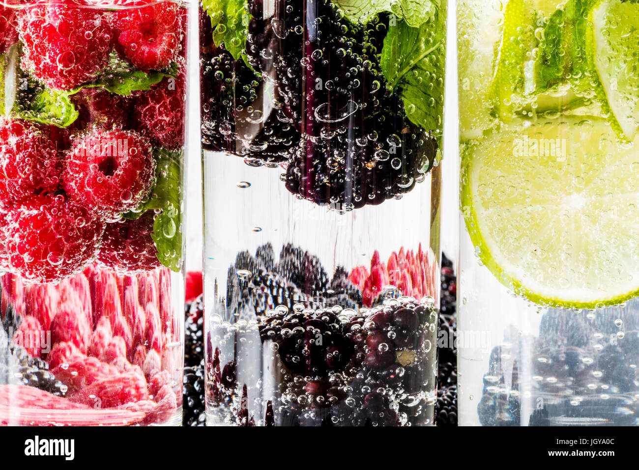 Three kinds of detox water with blackberry, strawberry, lime with