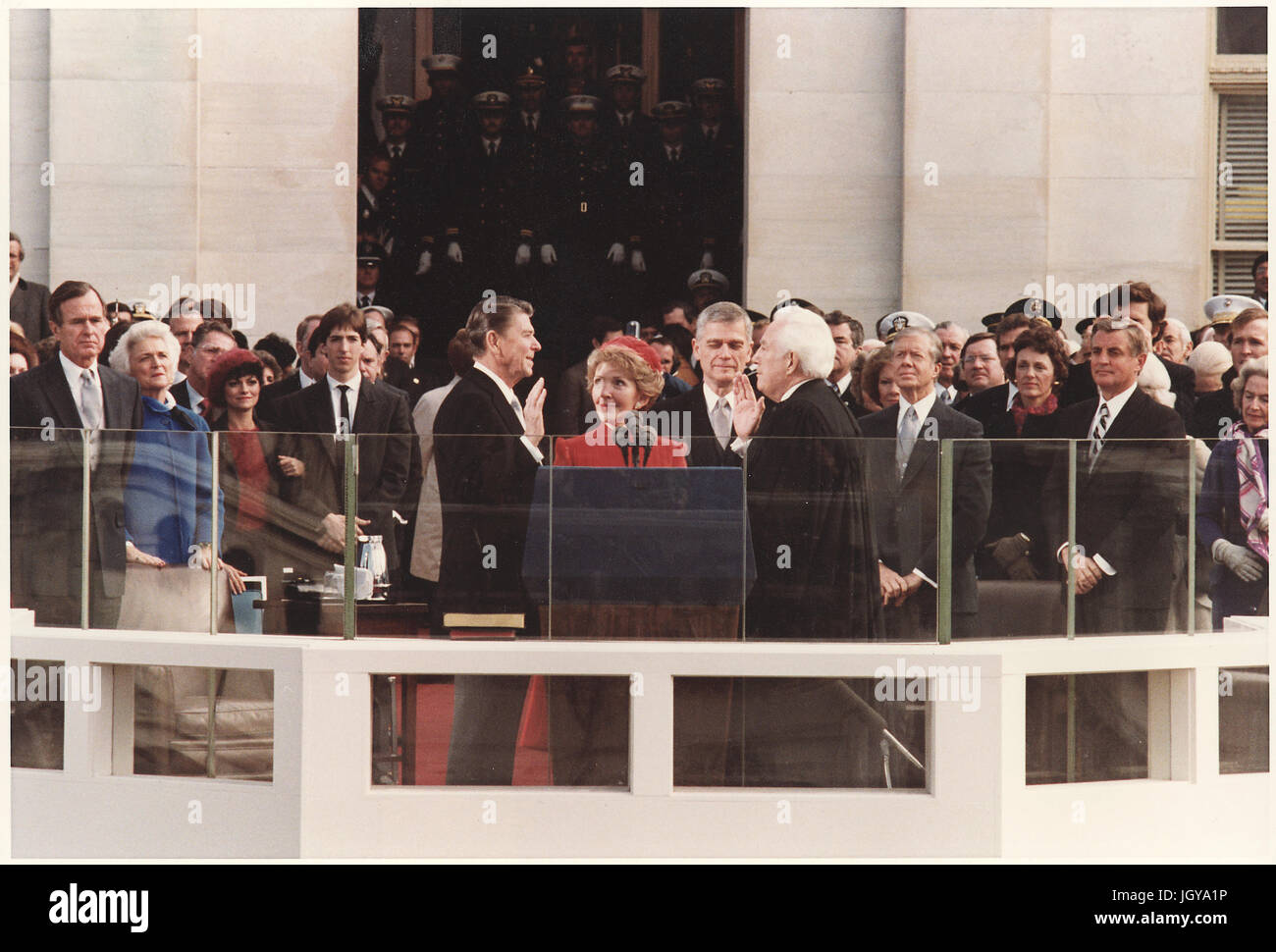 Ronald Reagan being sworn as President of the United States at the U.S. Capitol on January 20, 1981. Stock Photo