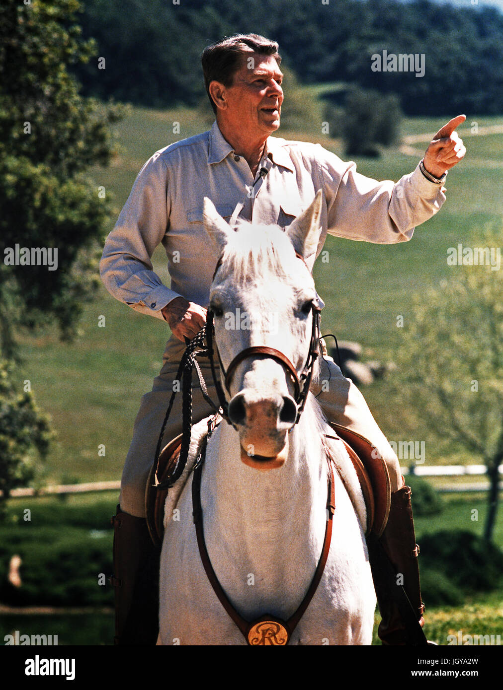Ronald Reagan on horseback at his California ranch Stock Photo