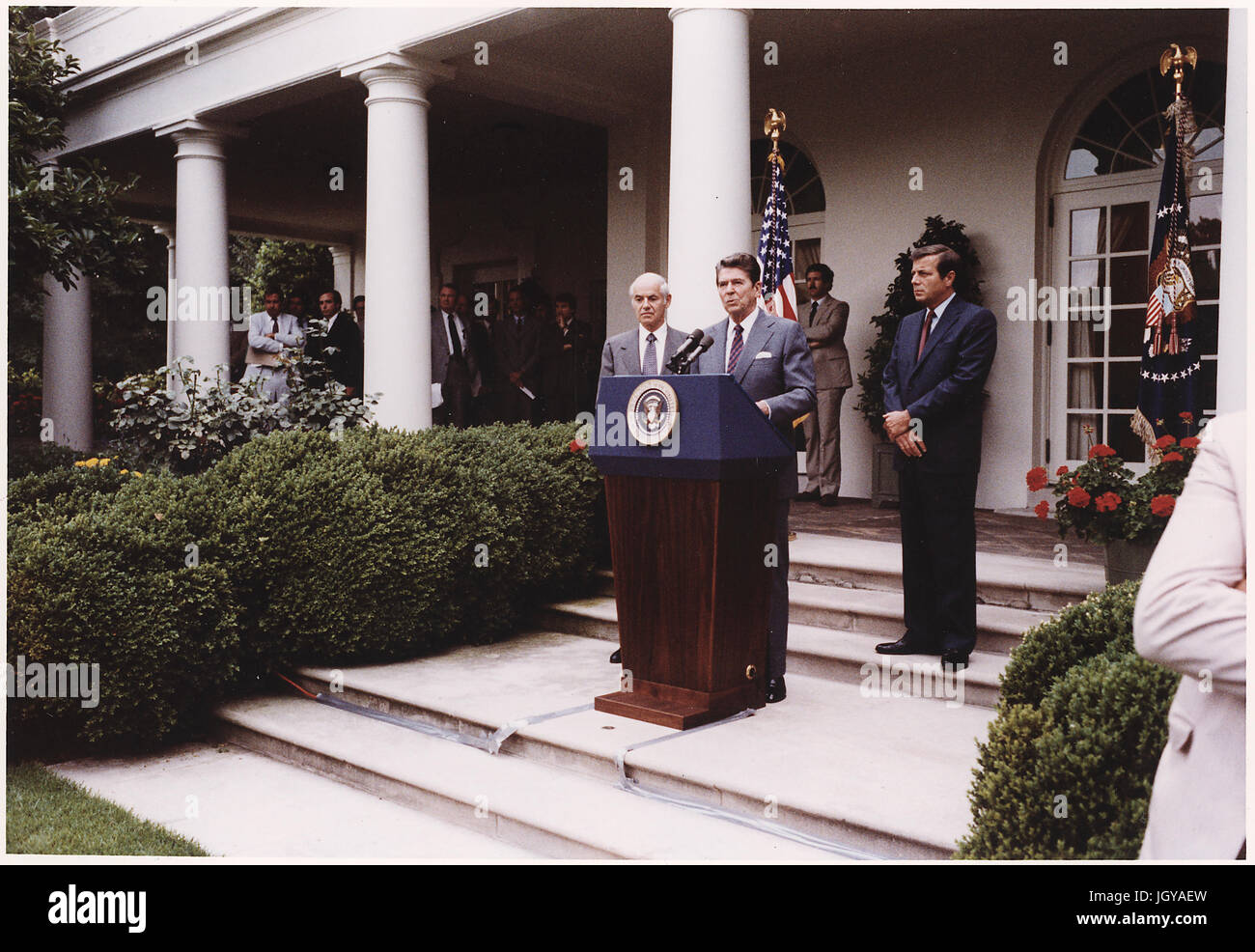 President Reagan making remarks on Air Traffic Controllers Strike in the Rose Garden Stock Photo