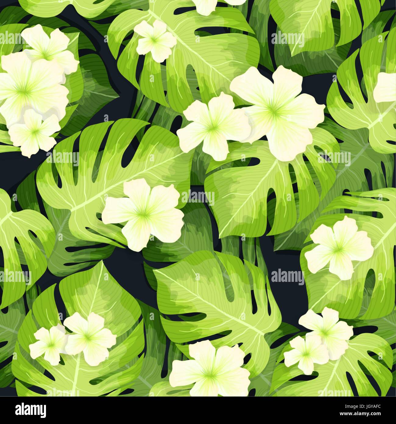 Monstera palm leaves pattern and hibiscus flowers Stock Vector Image ...