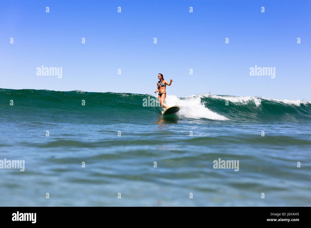 A young girl surfing stylishly on a longboard in tropical water in Australia. Stock Photo