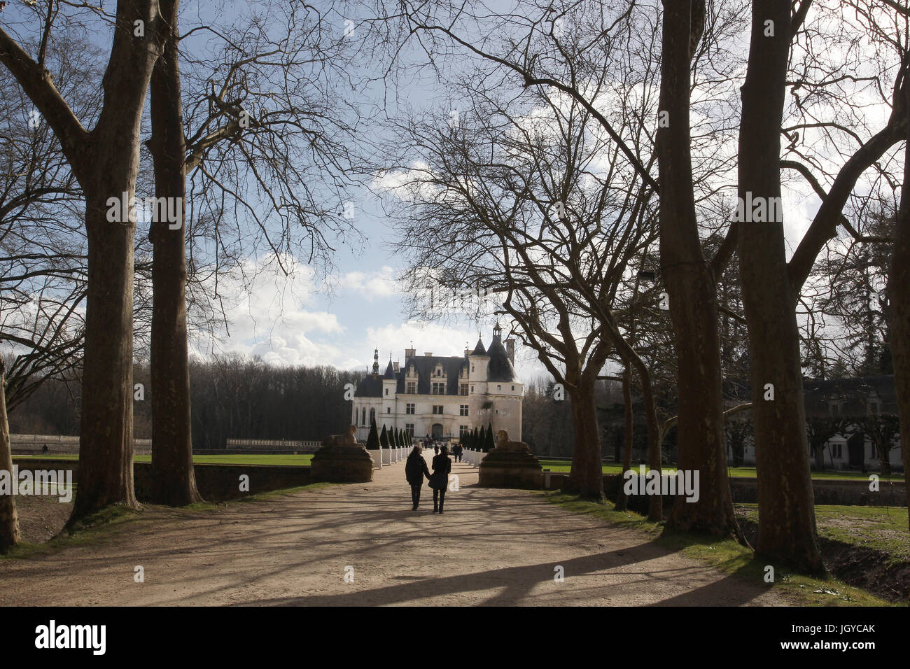 Chateau de Chenonceau is a  chateau spanning the River Cher, near thevillage of Chenonceaux in the Indre-et-Loire department of France Stock Photo