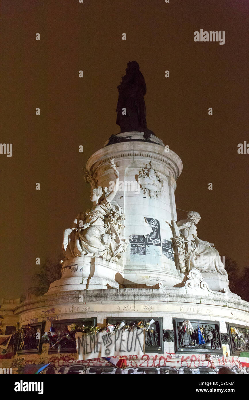 the republic place de la republique. Spontaneous homage at the victims of the terrorist attacks in Paris the 13th of november 2015. Stock Photo