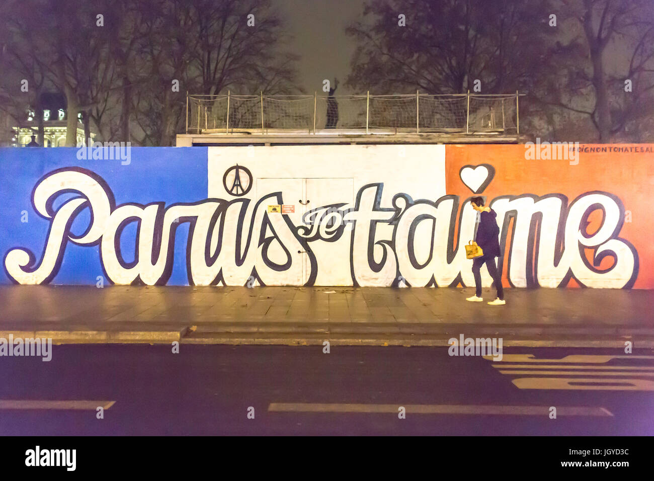 Painting place de la republique saying in blue white red: Paris je t'aime.. Homage at the victims of the terrorist attacks the 13th of november 2015. Stock Photo