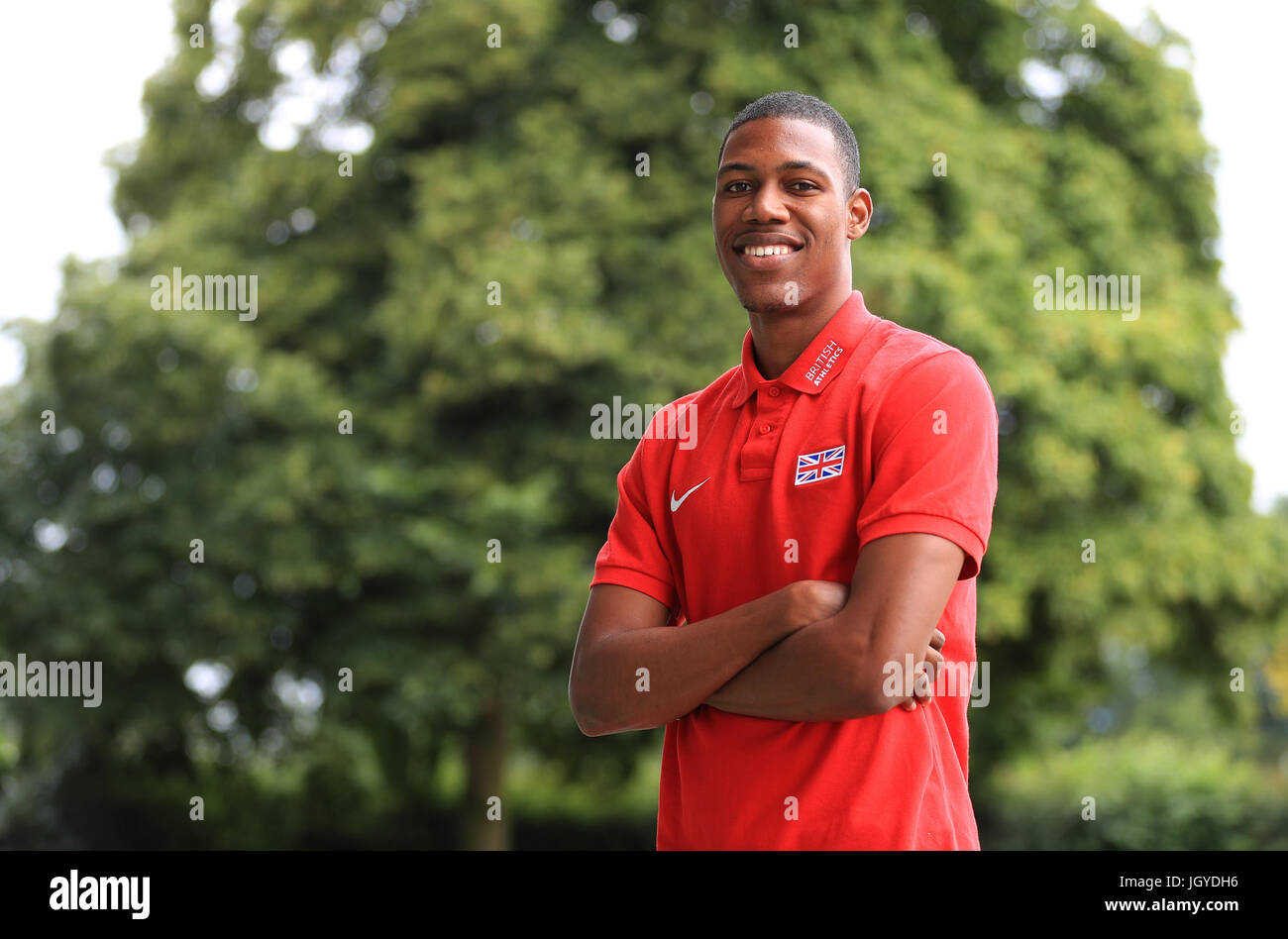 Sprinter Zharnel Hughes during the team announcement ahead of the IAAF World Championships, at the Loughborough University High Performance Centre. Stock Photo