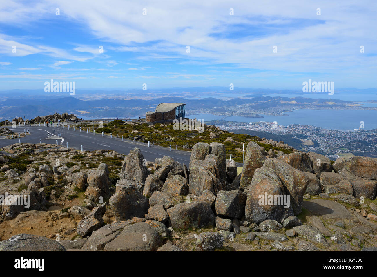 Mount Wellington lookout structure with views across the city of Hobart