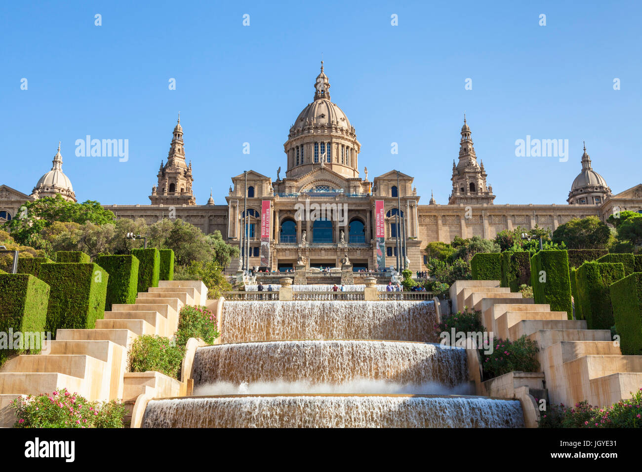 Barcelona Catalunya spain Barcelona Skyline Barcelona city with the magic fountains of Mont Juic Font Magica de Montjuic  Spain eu europe Catalonia Stock Photo