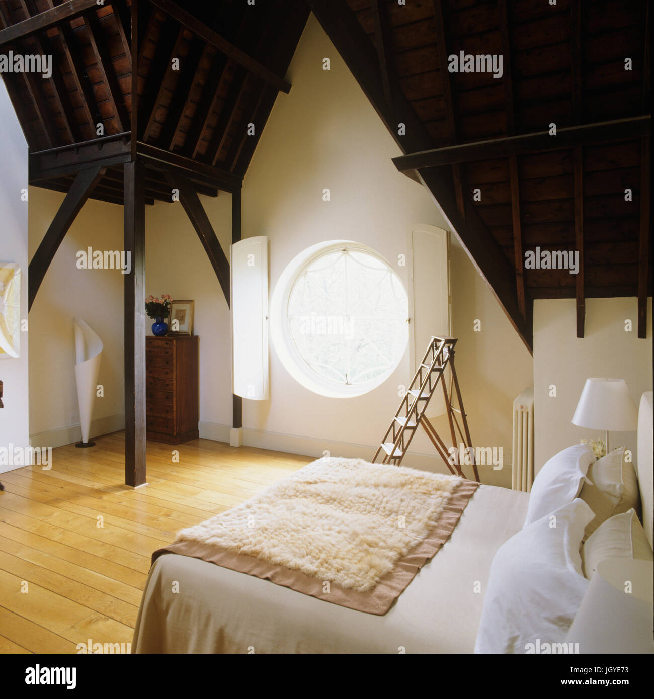 High wooden ceilings in farm building conversion Stock Photo - Alamy