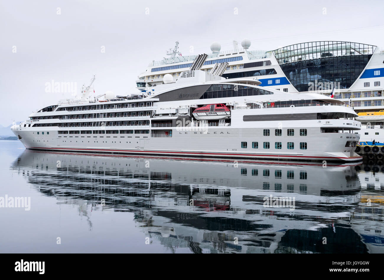 French cruise ship LE SOLEAL in Alesund. LE SOLEAL has 132 cabins and suites for 264 passengers and is owned and operated by Compagnie du Ponant. Stock Photo