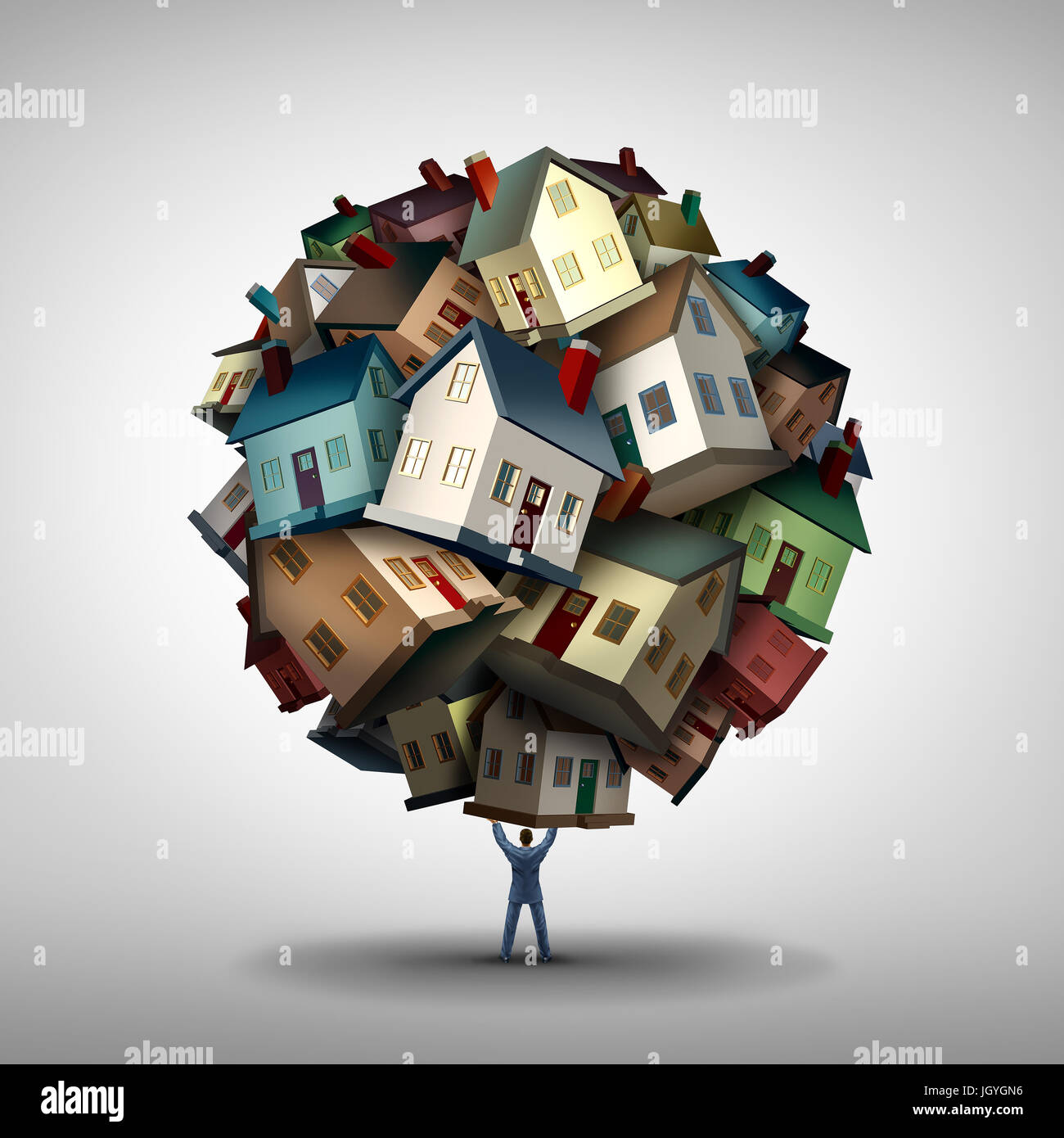 Real estate agent or realtor concept as a power seller sales person lifting a group of residential homes as a housing market and property. Stock Photo