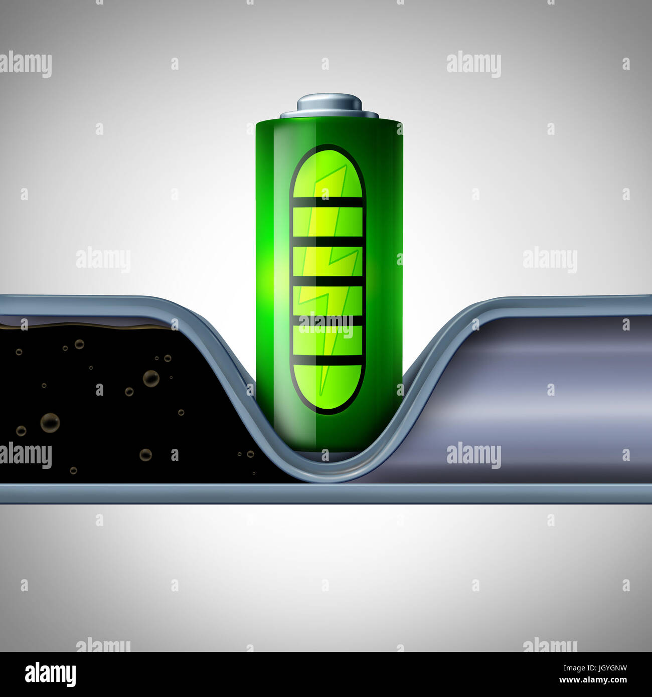 Battery technology disrupting oil industry and cutting fossil fuel concept as a electric batteries symbol blocking a petroleum or gasoline pipeline. Stock Photo