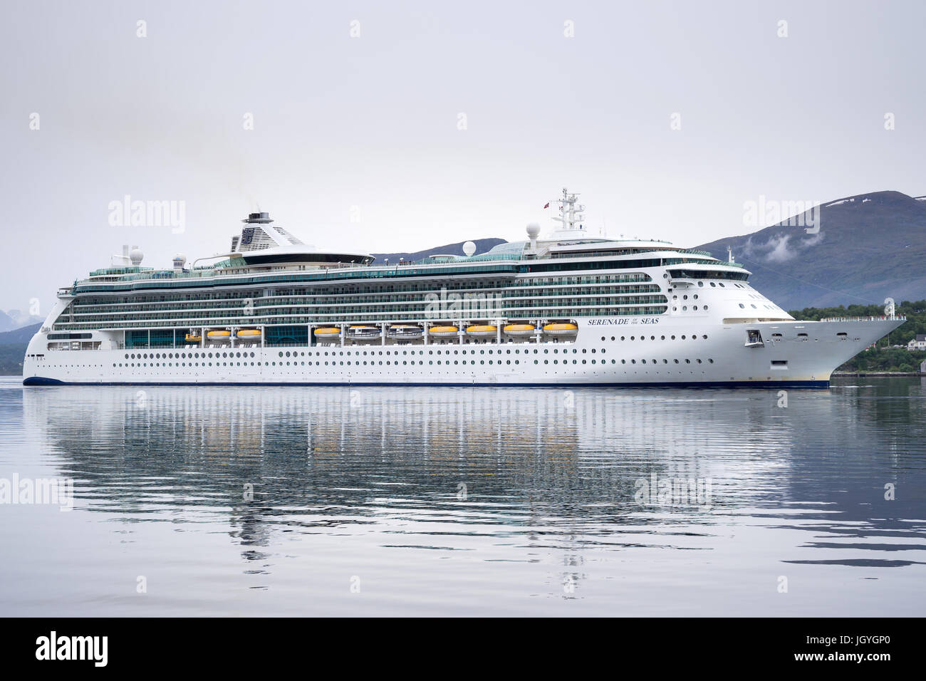 SERENADE OF THE SEAS inbound Alesund, a Radiance class cruise ship, that is owned and operated by Royal Caribbean International cruise line. Stock Photo