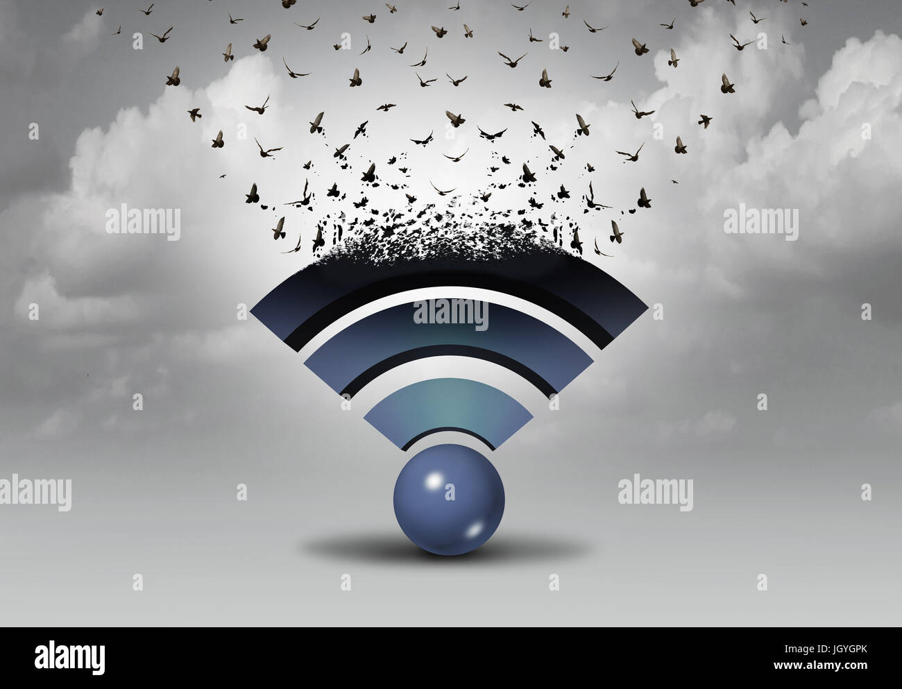 Wifi wireless distribution and internet technology expansion and data transfer as a mobile web icon transforming into flying birds as a media. Stock Photo