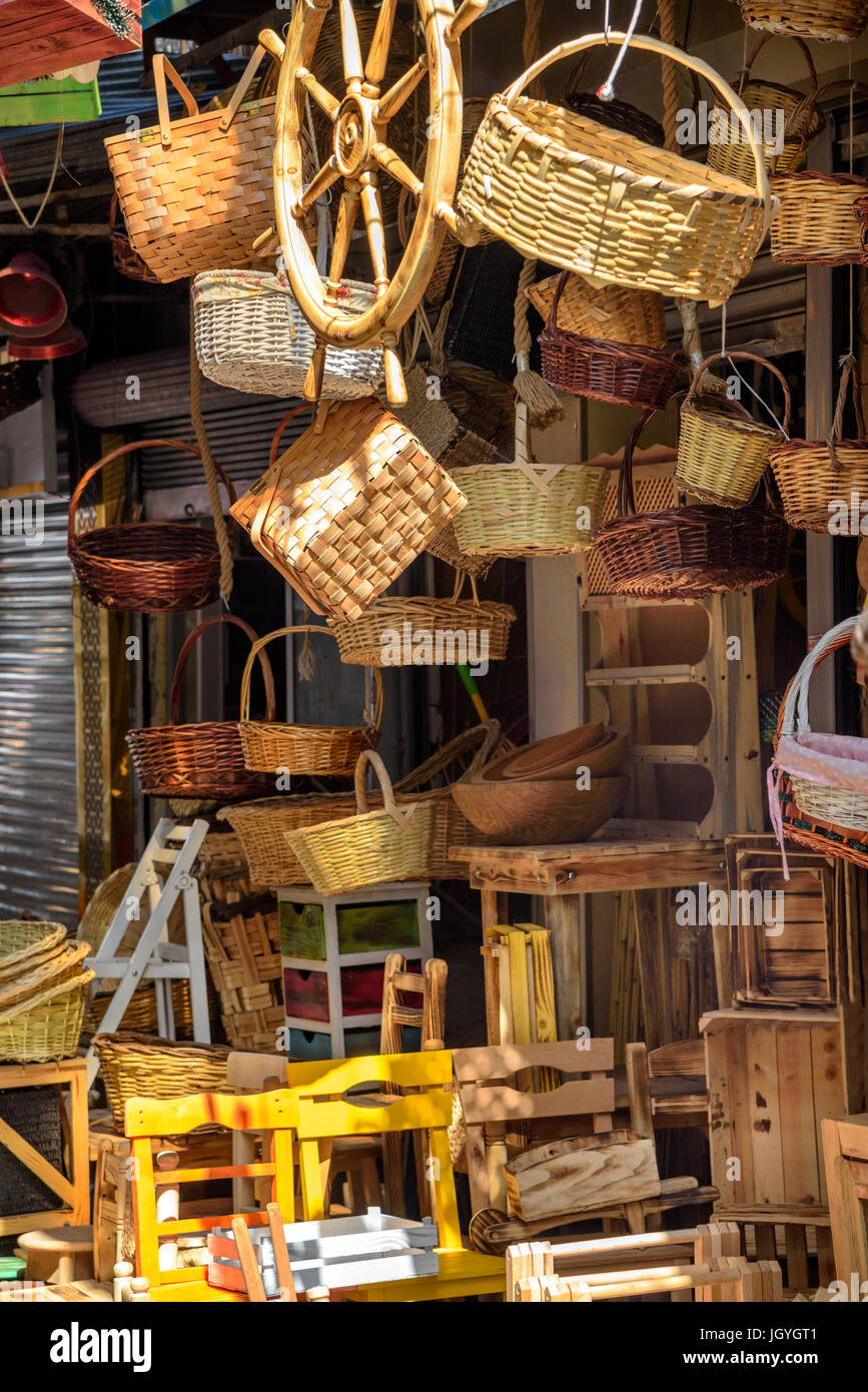 Wicker baskets hanging in a street market Istanbul Stock Photo