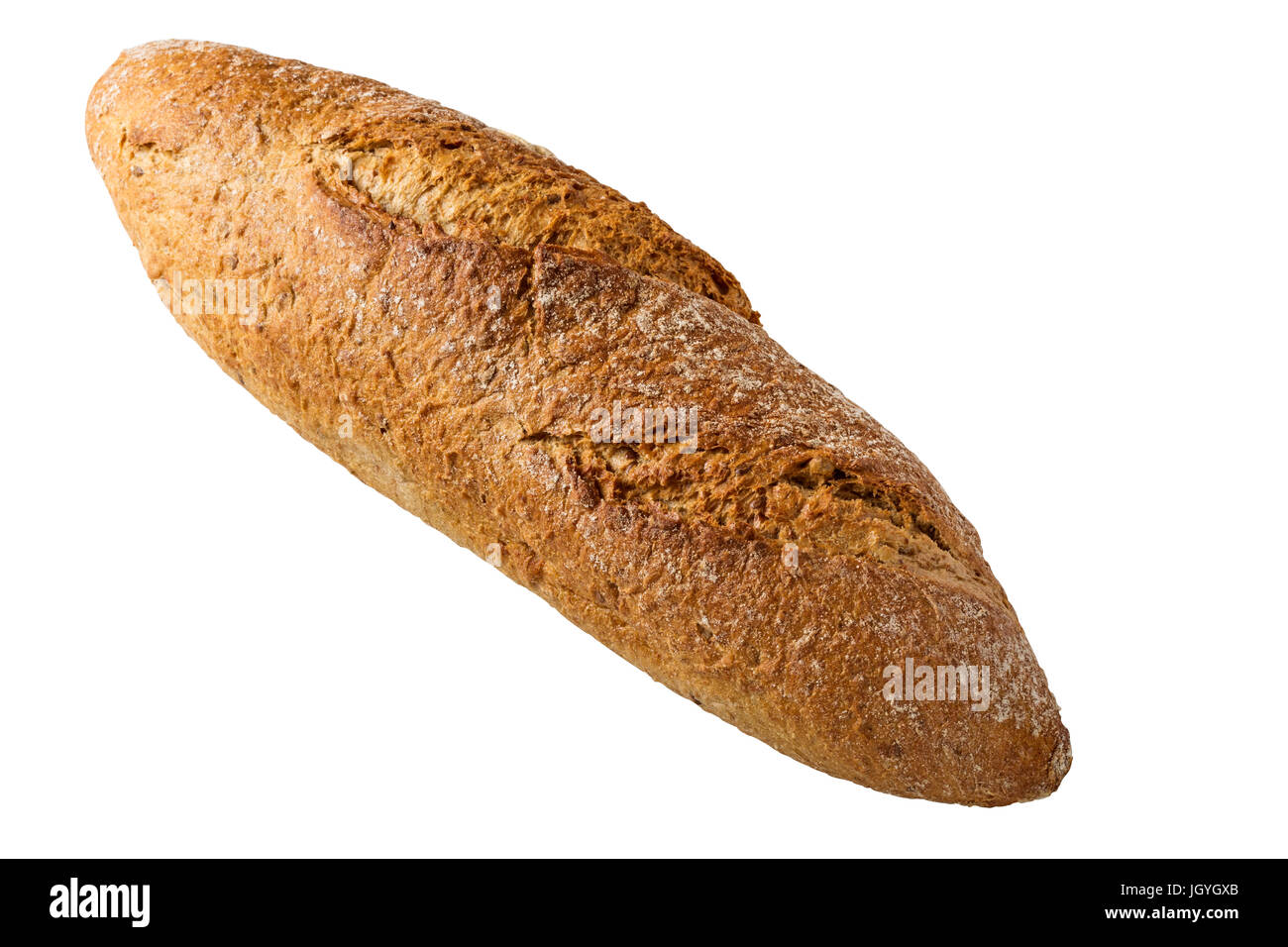 Brown baguette with different seeds, such as sesame and poppy, isolated on white background with clipping path Stock Photo