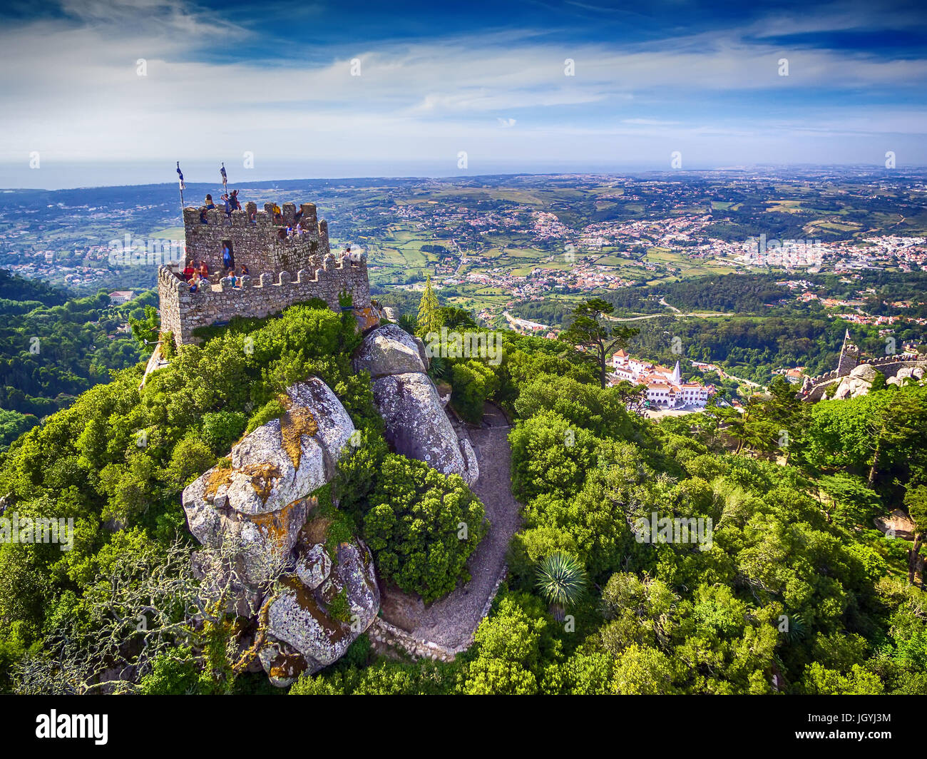 Sintra, Portugal: aerial top view of the Castle of the Moors, Castelo dos  Mouros, located next to Lisbon Stock Photo - Alamy