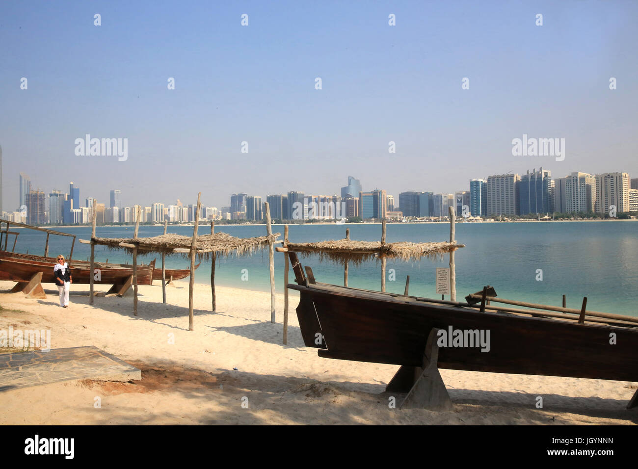 Abu Dhabi skyline from Heritage Village. Emirate of Abu Dhabi. Stock Photo
