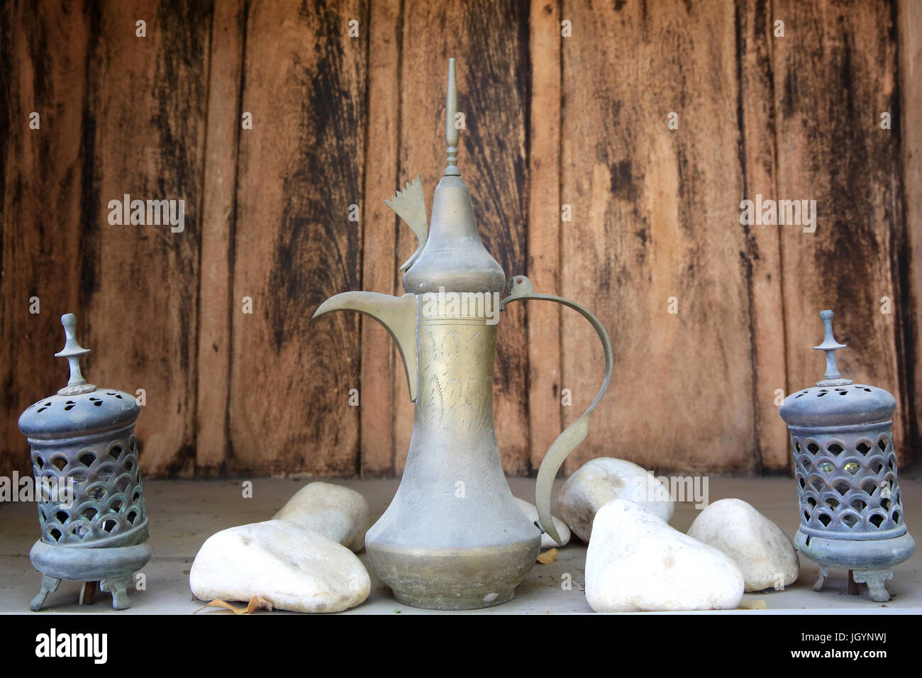 Coffee pots symbolise traditional hospitality. Heritage Village Club. Emirate of Abu Dhabi. Stock Photo