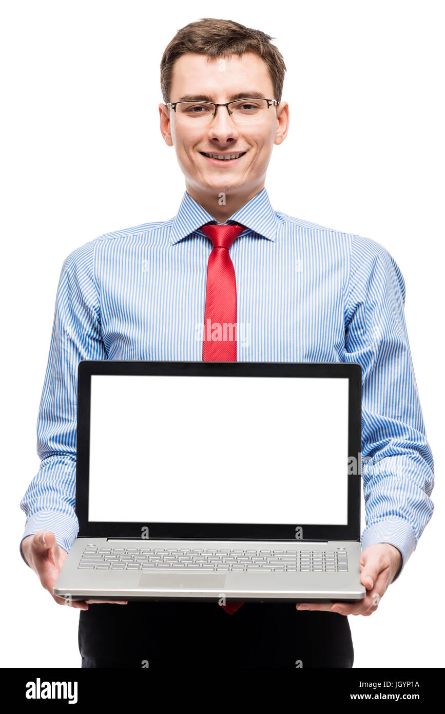 Boss with a computer with a blank screen for writing on a white ...